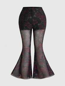 ROMWE Gothic Style Velvet Rose Print Plus Size Women Pants - Black - View 5