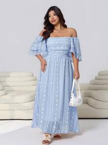 Solflare Plus Size Women's Embroidered Square Collar Ruffle Sleeve Elegant Dress - Baby Blue - View 3