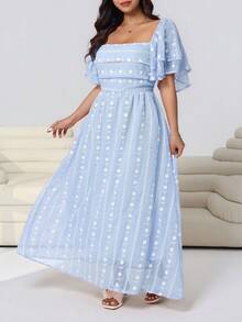 Solflare Plus Size Women's Embroidered Square Collar Ruffle Sleeve Elegant Dress - Baby Blue - View 4
