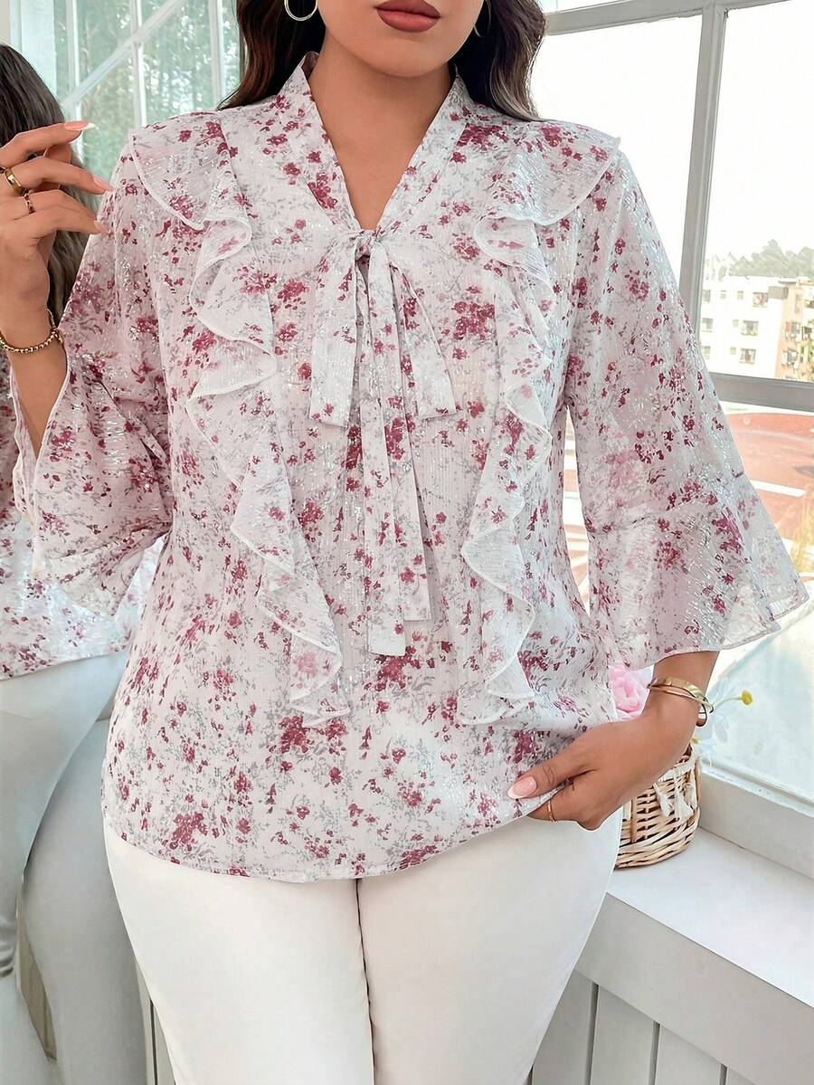 SHEIN Clasi 大码女式花卉拼接荷叶边系领优雅衬衫 - 彩色 - 查看 1