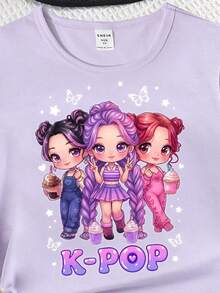 Girls' Casual Cute Cartoon Virtual Idol, Ice Cream, Butterfly, Star, Heart Graphic Tee, Comfortable Daily Wear, Suitable For Spring, Summer, Autumn - Purple - View 4