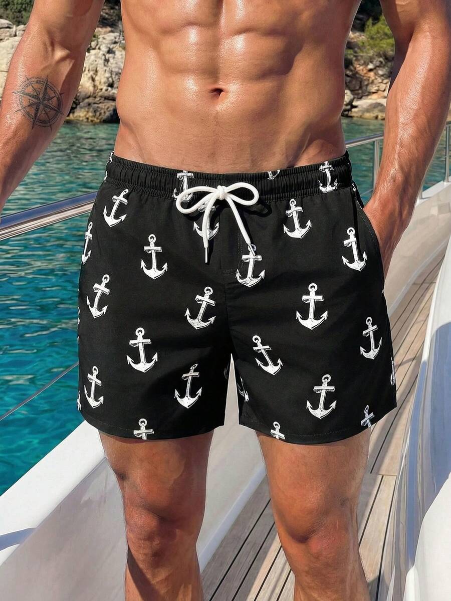 Manfinity Swimmode Men's Anchor Print Casual Beach Shorts - Black - View 1
