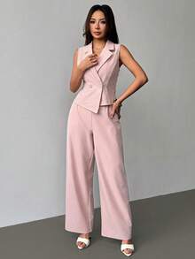 PETITE Conjunto de 2 piezas de ropa de otoño, top sin mangas y pantalón de unicolor - Rosa - Ver 6