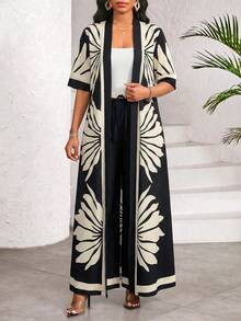 SHEIN Lady Áo choàng in hoa và quần ống rộng dành cho nữ - trang phục thường ngày. - Đen và trắng - Xem 5