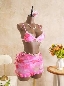 Bellisia Pink Lace Trim Sexy Women's Bikini Swimsuit With Skirt, Suitable For Beach In Spring/Summer - Pink - View 3