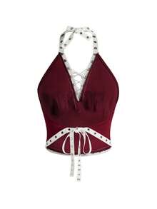 ROMWE Street Life Débardeur dos nu style vintage sportif avec lacets à œillets anglais - Rouge foncé - Voir 7