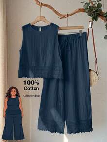 Rusticease Plus Size Women's 2pc Set Navy Blue Summer Boho Vacation Holiday,Lace Patchwork Round Neck Sleeveless Top And Wide Leg Pants,Comfortable - Dusty Blue - View 1