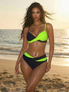 SHEIN Swim Bộ Bikini Sexy Cross-Cross Colorblock Cho Nữ, Dành Cho Kỳ Nghỉ Hè Trên Bãi Biển - Nhiều màu - Xem 1