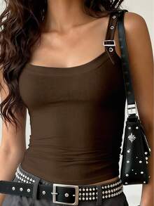 Maweii Atasan Tank Top Bodycon Modis dengan Tali Bahu Berlubang untuk Wanita Ukuran Plus - Dark Grey - View 3
