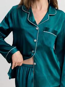 Hourtrue Ensemble de pyjama femme avec col contrasté et manches longues, vêtements d'automne et d'hiver - Bleu canard - Voir 8