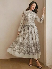 Anewsta Women's New Elegant Spring/Summer Palace Style Printed Mandarin Collar Long Sleeve Rhinestone Embellished Long Dress - Apricot - View 6