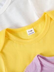 SHEIN 5pcs/Set Baby Girls' Soft & Comfortable Crew Neck Solid Color Romper, Fashionable Casual Daily Wear, Easy On/Off, Suitable For Spring/Summer - Multicolor - View 3