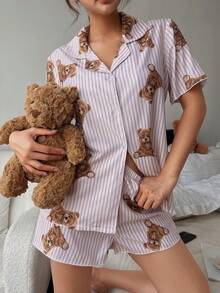 Napfluff Conjunto de pijama de pantalón corto y blusa de manga corta con botones con estampado de oso lindo para mujer - Rosa - Ver 1