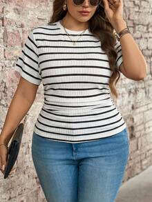 Comfylo Plus Size Women Striped Round Neck Short Sleeve Pleated Casual T-Shirt  White Top Country Country Concert Outfit Office Attire For Women Work Outfits For Women Casual Blouse For Women Festival Outfits For Women Summer Tops Striped Tops For Women Casual Tops For Women Womens Tops For Summer - Black and White - View 3