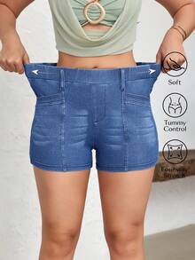 SHEIN FlexDen Women's Elastic Waist Skinny Casual Versatile Denim Shorts - Blue - View 1