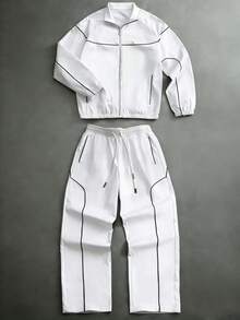 PAVTROS Men's Contrast Trim Zip-Up Jacket And Drawstring Waist Pants Casual Suit - White - View 1