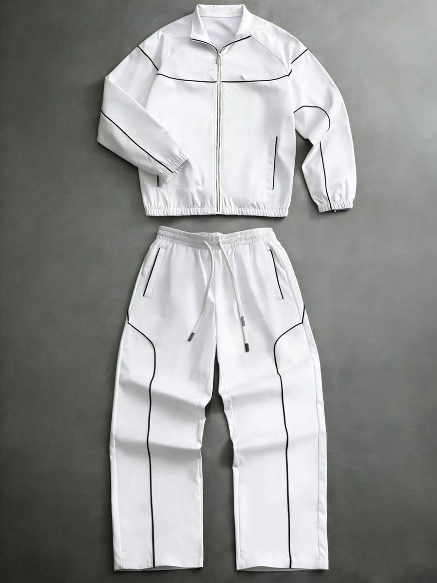 PAVTROS Men's Contrast Trim Zip-Up Jacket And Drawstring Waist Pants Casual Suit - White - View 1