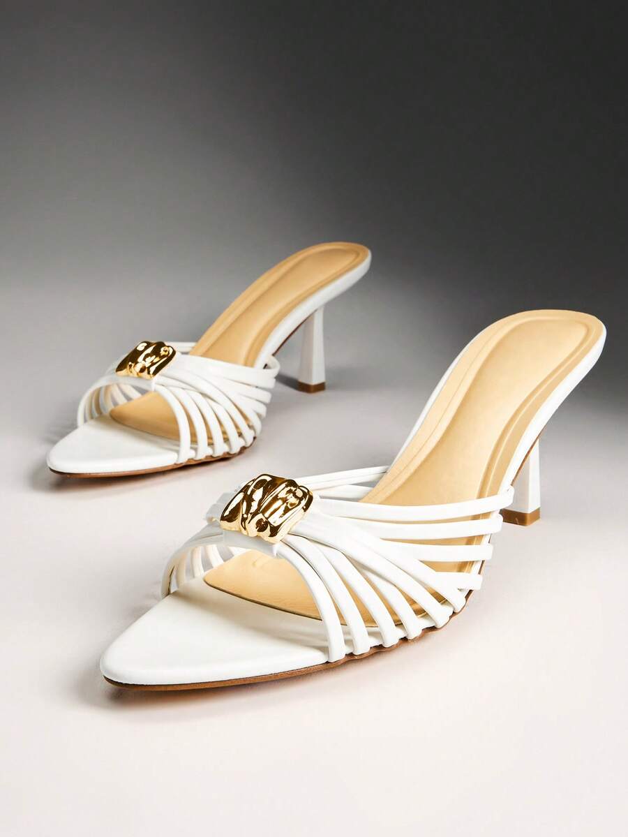 SHUZIA Women's Glamorous Comfortable Slip-On Heel Sandals With Metal Ornament Valentine's Day - White - View 1