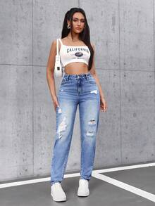 SHEIN Tall 女士高腰口袋做旧锥形休闲牛仔裤 - 藍色 - 查看 6