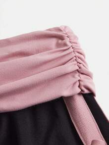 Teen Girls' Black & Pink Patchwork Knit Wide Waist Contrast Stitching Bow Decor Loose Wide Leg Pants,Summer,Cute Casual Yoga Flare Baggy Trousers - Black - View 10