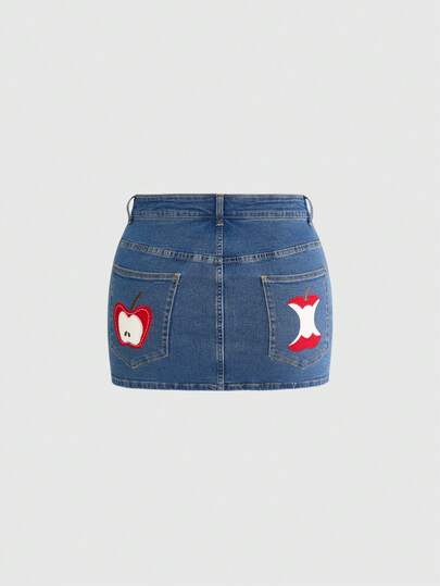 ROMWE Kawaii Chân váy denim mini dáng rộng, chất liệu denim co giãn cao, họa tiết quả táo dễ thương, kiểu dáng tối giản, thêu họa tiết vintage mùa hè (kèm quần lót bên trong).