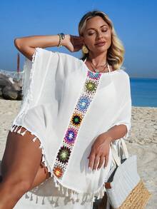 Swim Lushoire Women's Solid Color Handmade Crochet Floral Random Color Patchwork Hollow Out Tassel Loose Beach Cover Up Swimsuit - White - View 3