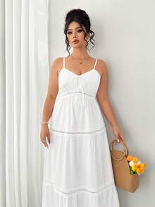 SHEIN Tall CURVE Plus Size White Summer Boho Party Holiday Elegant Fitted Lace Patchwork Slip Dress, Waist Flared A-Line Design For Dates,Outings & Vacations - White - View 5