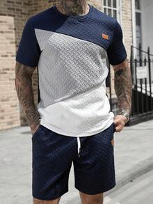 Manfinity CasualCool Men's Contrast Color Patchwork T-Shirt And Shorts Set - Multicolor - View 3