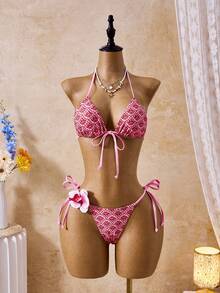 Bellisia Bộ bikini 3 mảnh dành cho nữ, size 26SS, mùa xuân/hè, in họa tiết mới, cổ chữ V, hở lưng, gồm áo bra tam giác, quần bikini buộc dây phía trước và chân váy lưới. - Nhiều màu - Xem 3