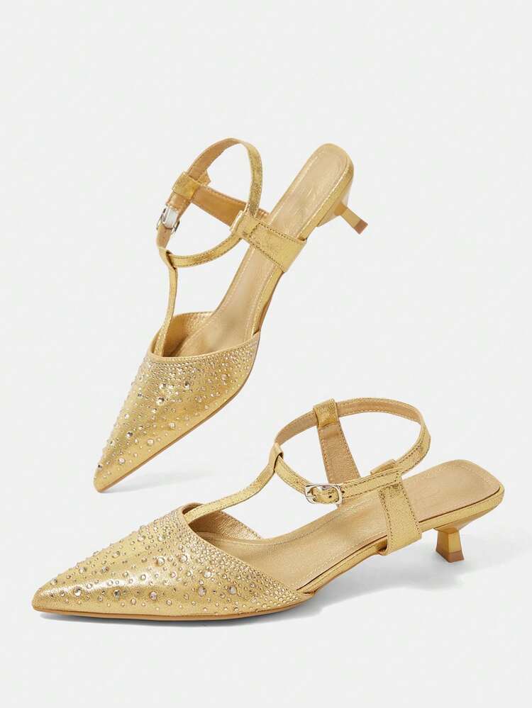 CUCCOO HITCHD Pointed Rhinestones Kitten Heel Shoes Ladies Elegant Wedding High Heels