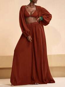 Zivah Women's Solid Color Robe And Elastic Waist Pants Casual Vacation Coverup Set Summer Beach - Redwood - View 6
