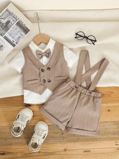 SHEIN 3pcs Baby Boy Formal Gentleman Outfit Set, Including 1 Short Sleeve Shirt With Bow Tie, 1 Double-Breasted Vest, And 1 Casual Elastic Waist Suspender Shorts, Suitable For Parties, Formal Events, Weddings, Christenings, Celebrations And Birthdays, Fits 6 Months To 3 Years Old