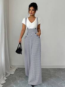 SHEIN Elenzya Women's Houndstooth Strap Straight Leg Jumpsuit - Dark Grey - View 5