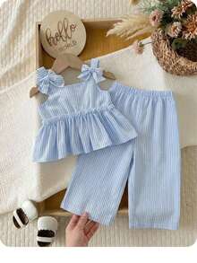 SHEIN LMoss Kids Bộ đồ liền thân crop top sọc xanh trắng dễ thương cho bé gái mùa hè và quần dài cạp chun - Xanh và trắng - Xem 1