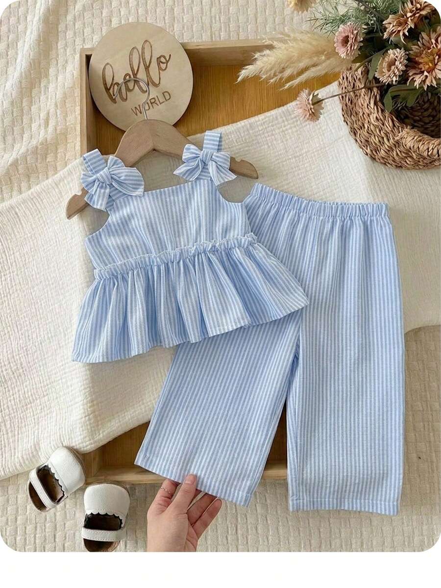 SHEIN LMoss Kids Bộ đồ liền thân crop top sọc xanh trắng dễ thương cho bé gái mùa hè và quần dài cạp chun - Xanh và trắng - Xem 1