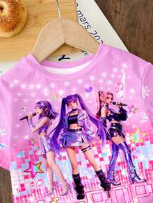SHEIN Baby Girl Casual Cartoon Print Round Neck Loose Short Sleeve T-Shirt And Skinny Bike Shorts Set, Suitable For Spring And Summer - Multicolor - View 3