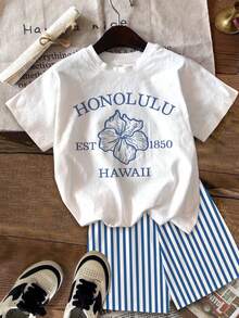 2 Stücke/Set Tween Mädchen Lässig Blume & Gestreift Kurzarm T-Shirt und Gestreifte Shorts, geeignet für Frühling/Sommer Alltag, Urlaub, Strand, Homecoming, Schulanfang - Verschiedenfarbig - Übersicht 2
