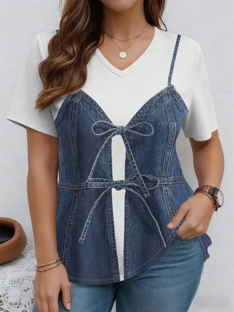 EMERY ROSE Áo thun tay ngắn cổ chữ V cỡ lớn với họa tiết in. - Nhiều màu - Xem 1