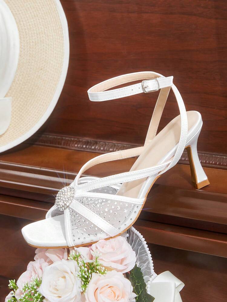 CUCCOO HITCHD Women's Fashion Square Toe Satin Mesh Splicing Rhinestones Sexy Evening Party Party Style Simple Backspace Stiletto High Heel Sandals