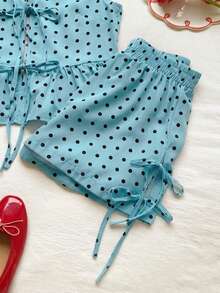 SHEIN EZwear 浅蓝色圆领无袖波点蝴蝶结两件套女装 - 淺藍色 - 查看 6
