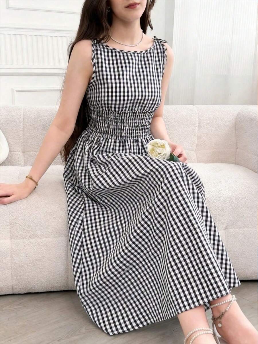 SHEIN 少女格子拼接系带连衣裙，简约优雅 - 黑色 - 查看 1