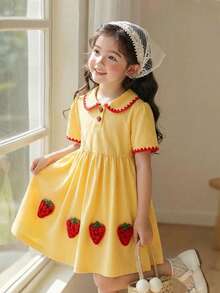 Elladie kids 少女时尚纯色草莓刺绣翻领短袖A字弹力腰连衣裙，粉色，夏季休闲装 - 黃色 - 查看 4
