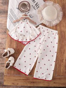 SHEIN Bộ trang phục thường ngày thoải mái cho bé gái, gồm áo hai dây và quần dài in hình quả anh đào, vạt áo bất đối xứng. - Nhiều màu - Xem 7