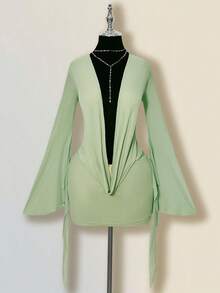 SHEIN ICON Đầm ngắn gợi cảm, rộng thùng thình, cổ khoét sâu, phối lưới, hở lưng. - Màu xanh Bạc hà - Xem 3