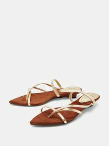 尖头法式坡跟复古凉鞋，女士独特趾带罗马凉鞋，2025夏季新款，猫跟鞋 - 金色 - 查看 9