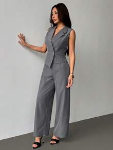 SHEIN PETITE Two Pieces Fall Outfits 2pcs/Set Women Solid Color Sleeveless Top And Pant Fall Clothes - Grey - View 6