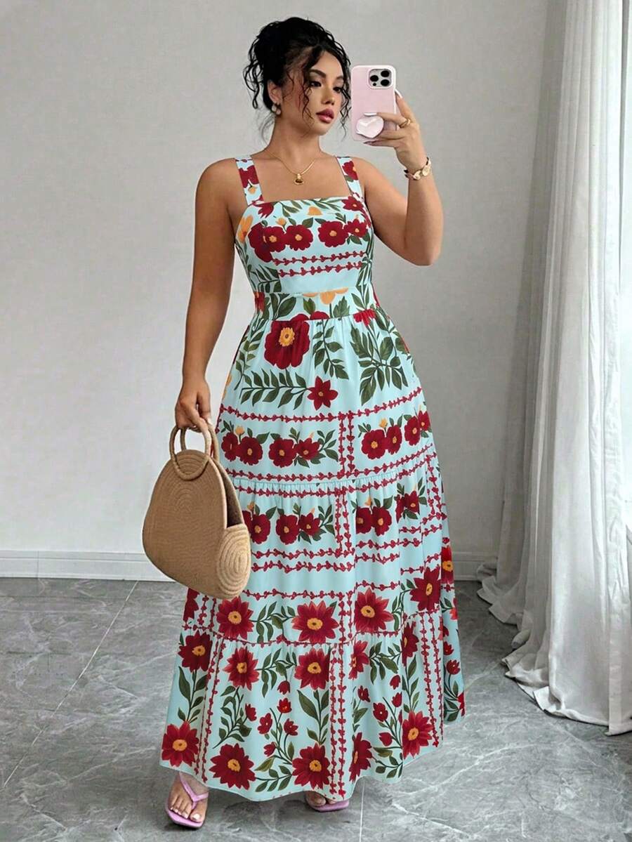 SHEIN Elenzya Plus Size Women's Floral Print Square Neck Cinched Waist Fitted Dress With Bowknot Back, A-Line Hem, Casual Commute Chic Minimalist French Countryside Romantic Date Beach Vacation Spring Summer New Camisole Maxi Dress - Blue - View 1