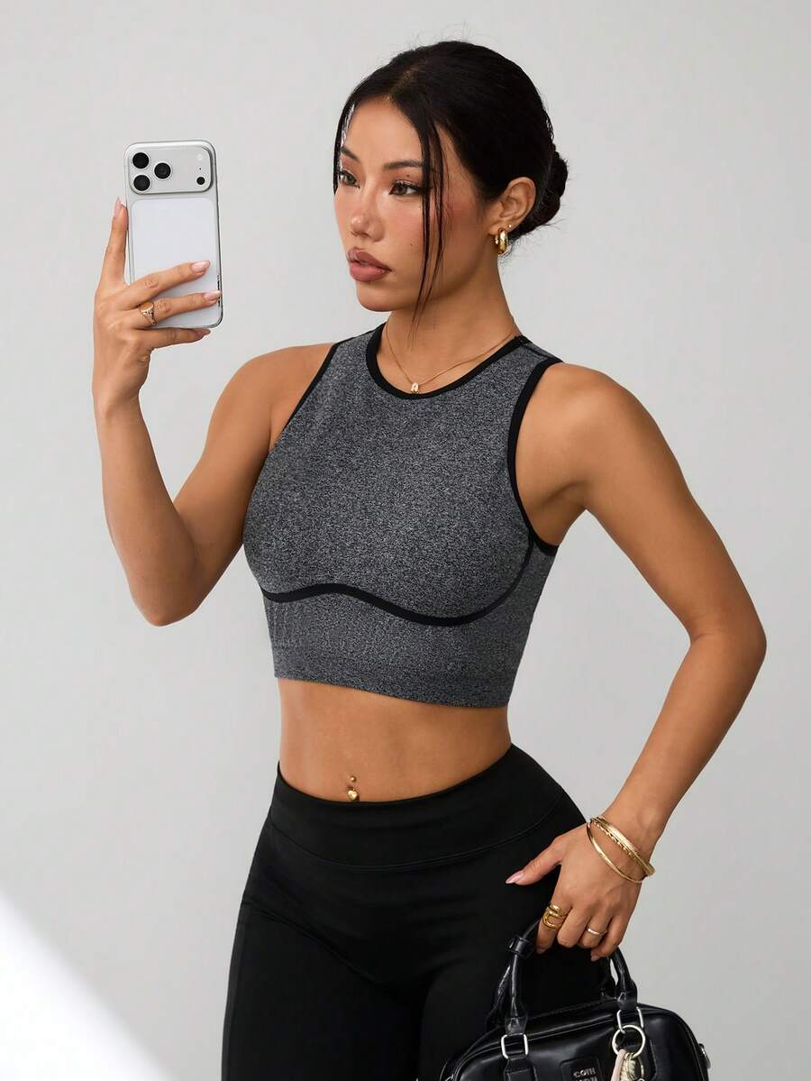 Seamluxe SHEIN Sport Women's Contrast Trim Round Neck Fitted Sports Bra, Summer - Grey - View 1