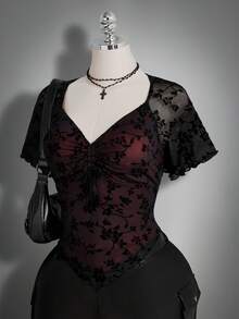 SHEIN ICON 大码女式花卉植绒网眼插肩短袖T恤 - 紅色 - 查看 6