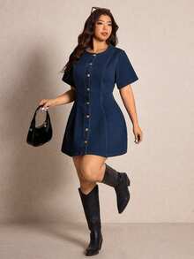 Elaquor Plus Size Women Single-Breasted Ruched Fashionable Date Denim Dress - Light Wash - View 2